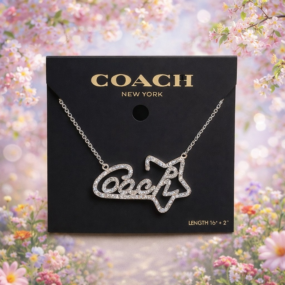 COACH Pavé Signature Necklace – Silver-Tone Metal + Crystal Accents | 16”+2”